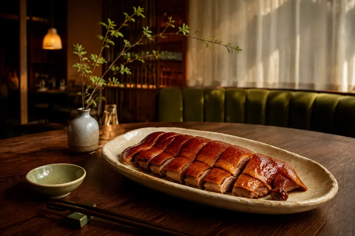 餐馆样板配图：暖光下的粤式烧鸭、陶瓷餐具与胡桃木餐桌