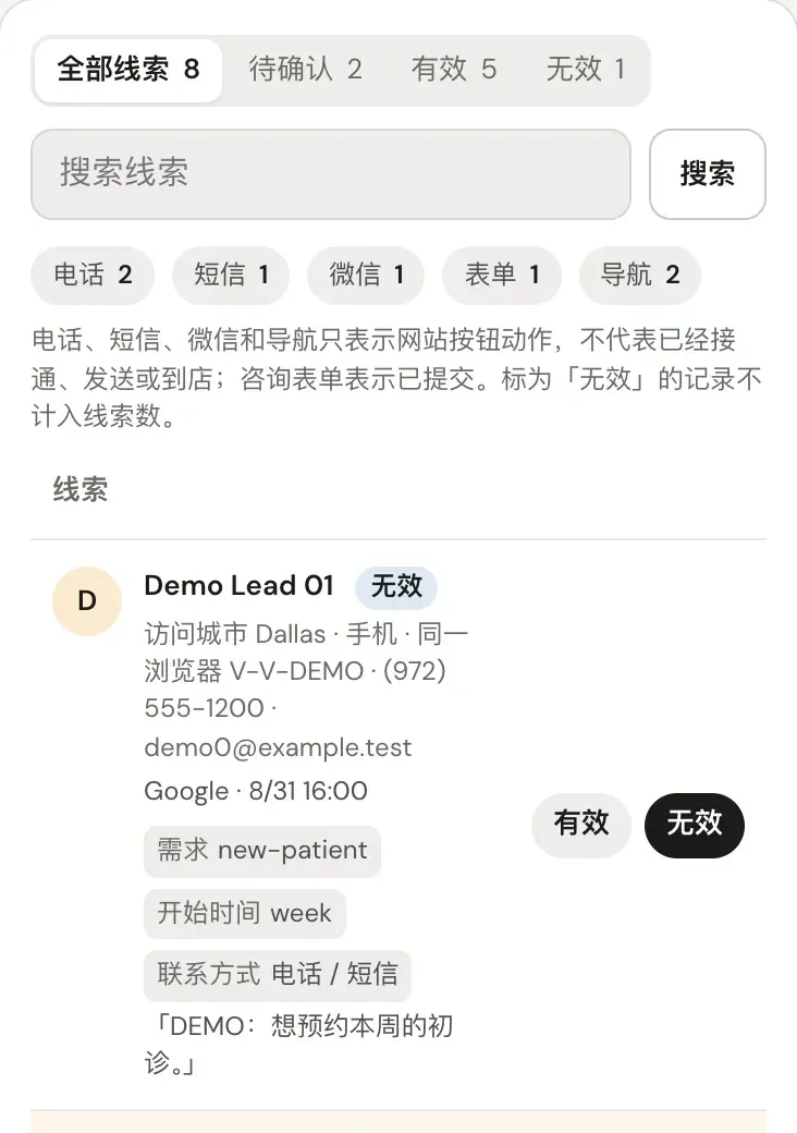 Freevine Signals 线索视图的示例:按电话、短信、微信、表单、导航分类,每条线索标注有效、无效或待确认